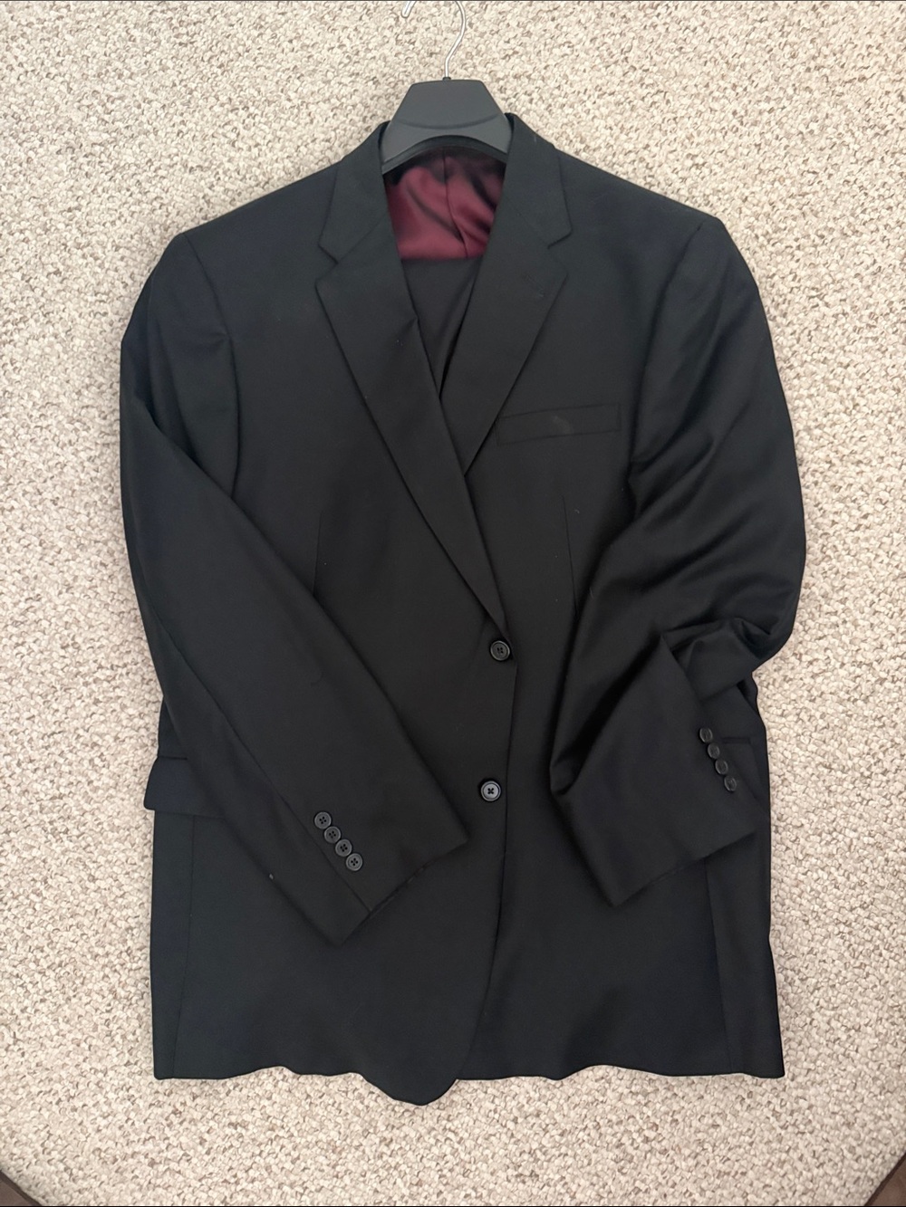 Men's Black Two-Button Suit Jacket with Burgundy Lining